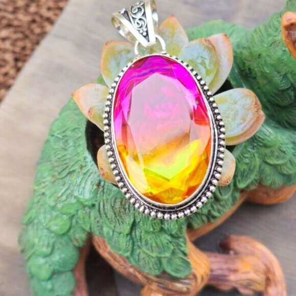 Bi-Color Tourmaline ✦ Sterling Silver Pendant ✦ Victorian Oval Pink & Yellow NWT - Picture 2 of 16